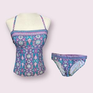 Blue/Rod Beattie Floral Two-Piece Tankini Top & Hipster Fold Over Bikini Bottom